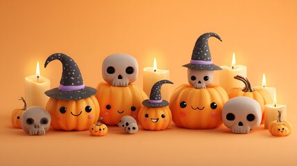 Obraz premium Adorable pumpkins with happy spooky faces, tiny skulls, candles, and witch hats on orange