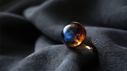 Obraz premium Miniature blue and orange planet encased in a stunning ring resting on a dark fabric background