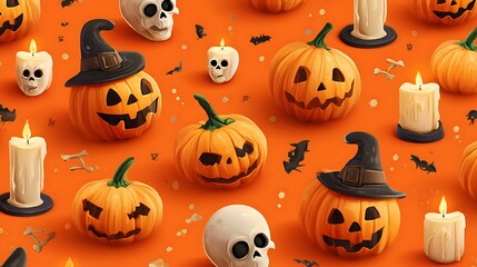 Cheerful spooky pumpkins with cartoon scary grins, small skulls, candles, and witch hats on orange