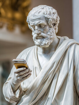 Classical marble statue of an older man using smartphone. Heritage with modern life. 