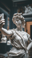Classical marble statue of young woman making selfie with blurred museum background. Fusion of ancient art and contemporary technology. Magazine cover