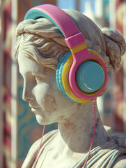 Classical marble figure of young woman with colorful headphones on her head listening to music. Blurred museum bacgkround.