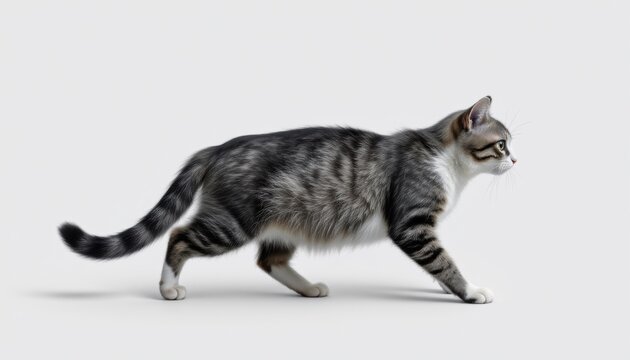 isolated black and white side view of a cat running or walking on all fours, clear, position at top, optimized for photo use, ample copy space at bottom.