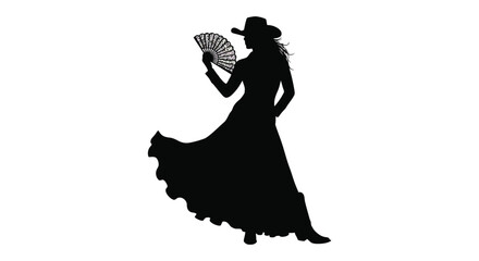 Silhouette of a woman in a traditional dress holding a fan