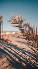 A dried palm frond casts long shadows on the light beige sand, emphasizing the arid landscape.