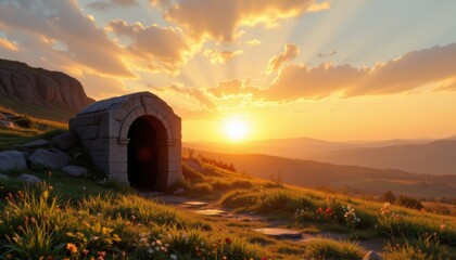 title: easter sunrise   empty tombdigital artwork celebrating easter morning with a serene and empty tomb at sunrise