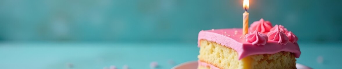 A slice of birthday cake, single lit candle, pink frosting , pink, sweet