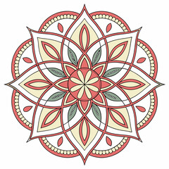 Intricate radial mandala design with soft coral yellow and sage green petals and geometric patterns on a white background