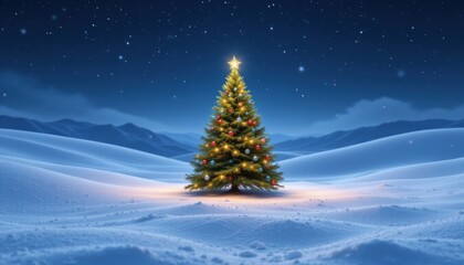 create a stunning 3d rendering of a fantastic winter landscape during christmas night, the main focus should be a beautiful christmas tree placed in the center of the image