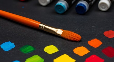 Vibrant paint swatches and orange paintbrush on a dark textured surface