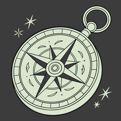 Stylized vintage compass rose with a celestial starburst design and a hanging loop against a dark background