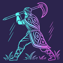 Stylized warrior in ancient armor with a large axe depicted in a dynamic pose with neon gradient colors against a dark background