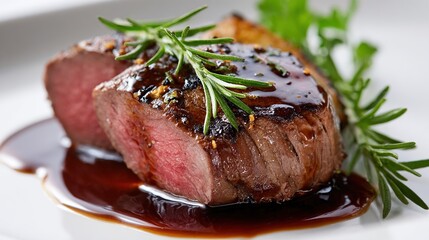 Sliced grilled meat, medium-rare, rests on a white plate with a rich brown sauce, garnished with rosemary sprigs and a hint of potato