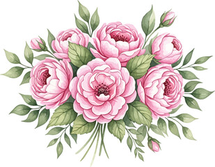 Rose bouquet features delicate pink flowers and green leaves arranged in a watercolor style on a white background, creating a gentle and romantic mood perfect for wedding or event invitations.