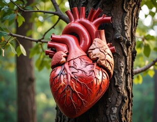 Red heart sculpture on tree trunk