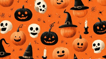 Adorable spooky pumpkins with goofy scary grins, small skulls, candles, and witch hats on orange