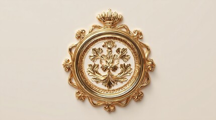 Gold ornate circular frame with a stylized floral design on a cream background