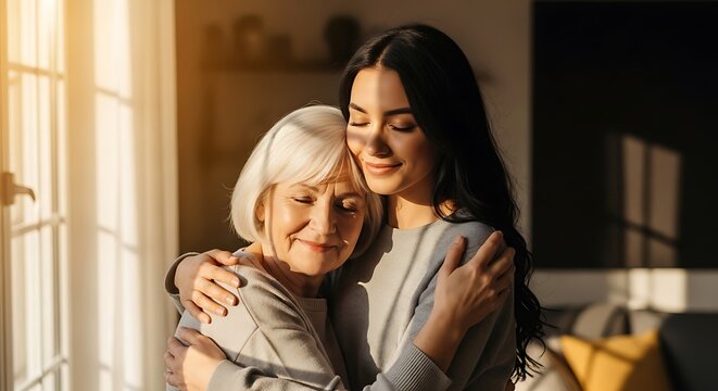 A young woman tenderly embraces her elderly mother, sharing a moment of love and connection bathed in warm sunlight. - Powered by Adobe