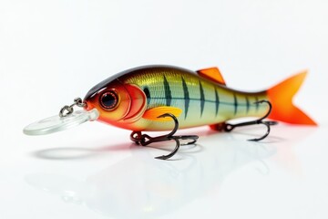 A vibrant fishing lure against a pure white backdrop, wood, hobby, ocean