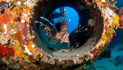 Lionfish swims through a colorful, underwater tunnel