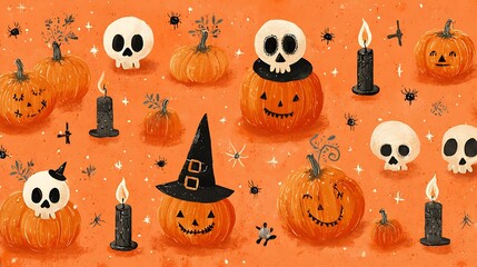 Friendly pumpkins with silly spooky smiles, tiny skulls, glowing candles, and witch hats on orange