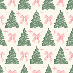 Holiday seamless pattern. Christmas tree and pink bows. New Year decorative festive winter design. Xmas background. Flat vector illustration isolated. Winter holiday and Christmas celebration concept
