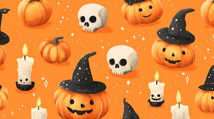Naklejka premium Cute pumpkins with cheerful scary grins, small skulls, candles, and witch hats on orange