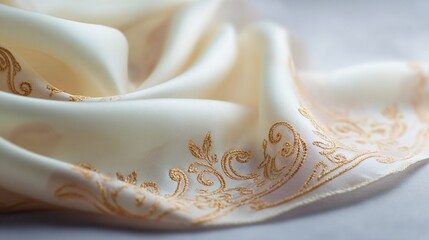 Soft, cream-colored silk scarf with gold-toned embroidered floral border