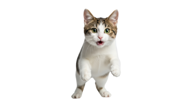 Isolated tabby cat jumping, ready to pounce, leaping, cute kitten, adorable feline pet