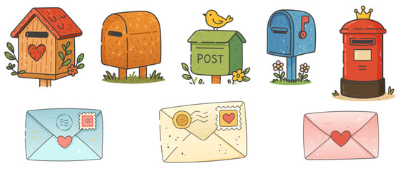 Mailboxes And Envelopes Collection In Cute Cartoon Flat Style
