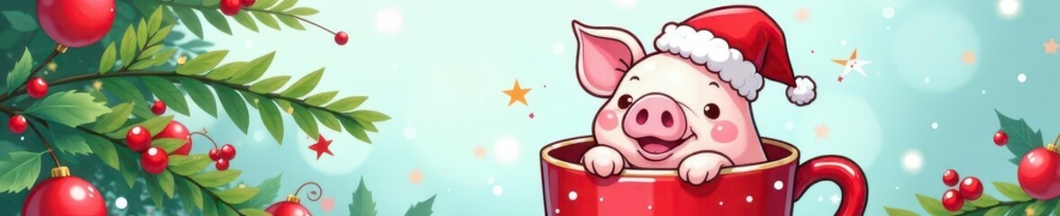 A whimsical Christmas pig in a mug, perfect for coloring pages , holly, cartoon, xmas