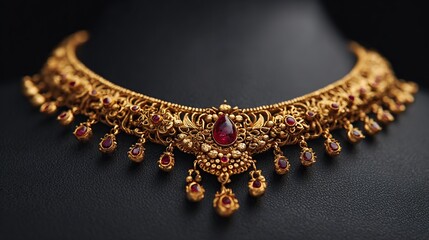 Intricate gold necklace with ruby accents, showcasing detailed craftsmanship and a traditional design