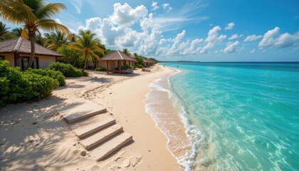 Obraz premium create a tropical beach scene from a top down perspective featuring villas near the waters edge