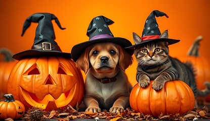 Kitten in witch hat with playful puppy, Halloween theme.