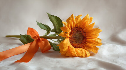 Bright sunflower with orange ribbon resting on soft white fabric