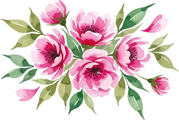 Pink flower bouquet with green leaves is arranged artistically in a watercolor style, set against a white background, ideal for spring and floral designs, greeting cards, or wedding invitations.