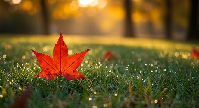 Vibrant Red Maple Leaf on Dewy Grass with Golden Bokeh Background - Powered by Adobe