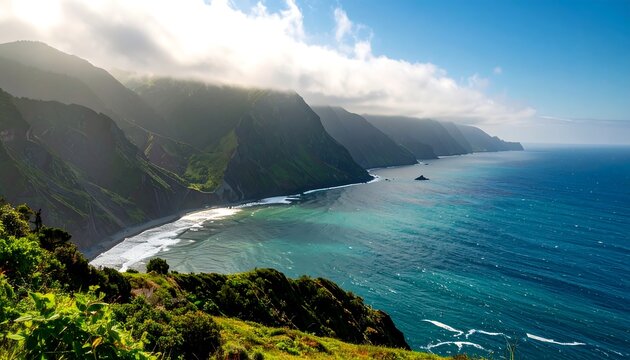 Coastal vista with dramatic mountains and ocean