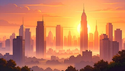City skyline at sunrise