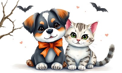 Obraz premium Halloween puppy and kitten.