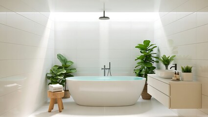 Modern spa bathroom with freestanding bathtub and lush green plants