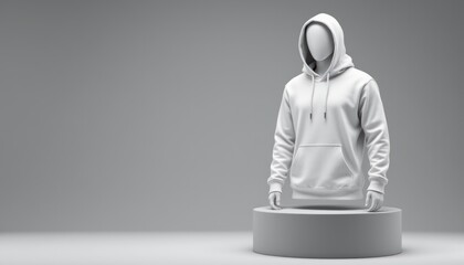 create a mockup of a 3d white plain hoodie with a mannequin placed on a podium in an isolated neutral background, the subject is positioned on the right side of the image