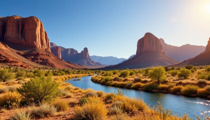 create a digital art piece featuring a desert landscape with towering red rock formations and a serene river flowing through lush greenery under a clear blue sky