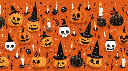 Whimsical pumpkins with funny spooky faces, small skulls, candles, and witch hats on orange