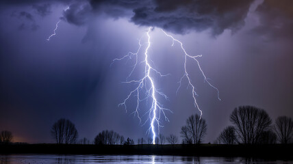 Majestic Bolt of Lightning Illuminates the Night Sky Over a Silhouetted Landscape