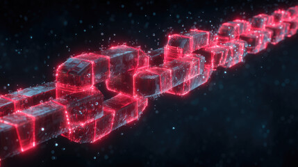 Detailed close-up of a glowing red blockchain chain with data particles.