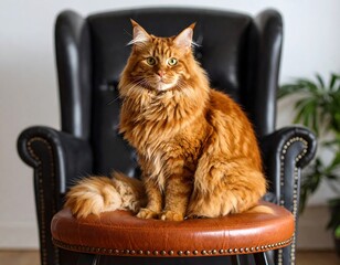 Red Maine Coon on a black leather chair