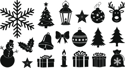 Christmas, holiday, winter, icon, snowflake, tree, lantern, star, reindeer, snowman, holly, bell, bow, ornament, candle, gift, sack, vector, black, white, festive