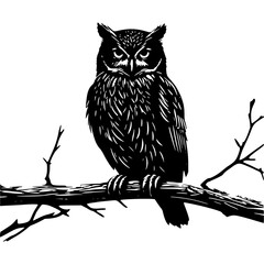 Owl perched on branch vector illustration black and white artwork silhouette