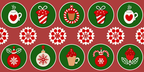 Seamless vintage Christmas pattern on a red background, featuring hand-drawn style holiday icons in oval frames with lace borders. Icons include mugs of hot cocoa with whipped cream, cherries, wrapped